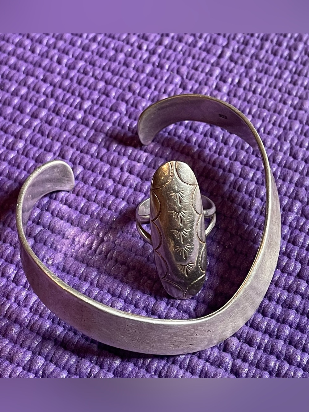 Vintage Sterling Silver Duo: Stamped Ring size 7 & Wave Cuff Set